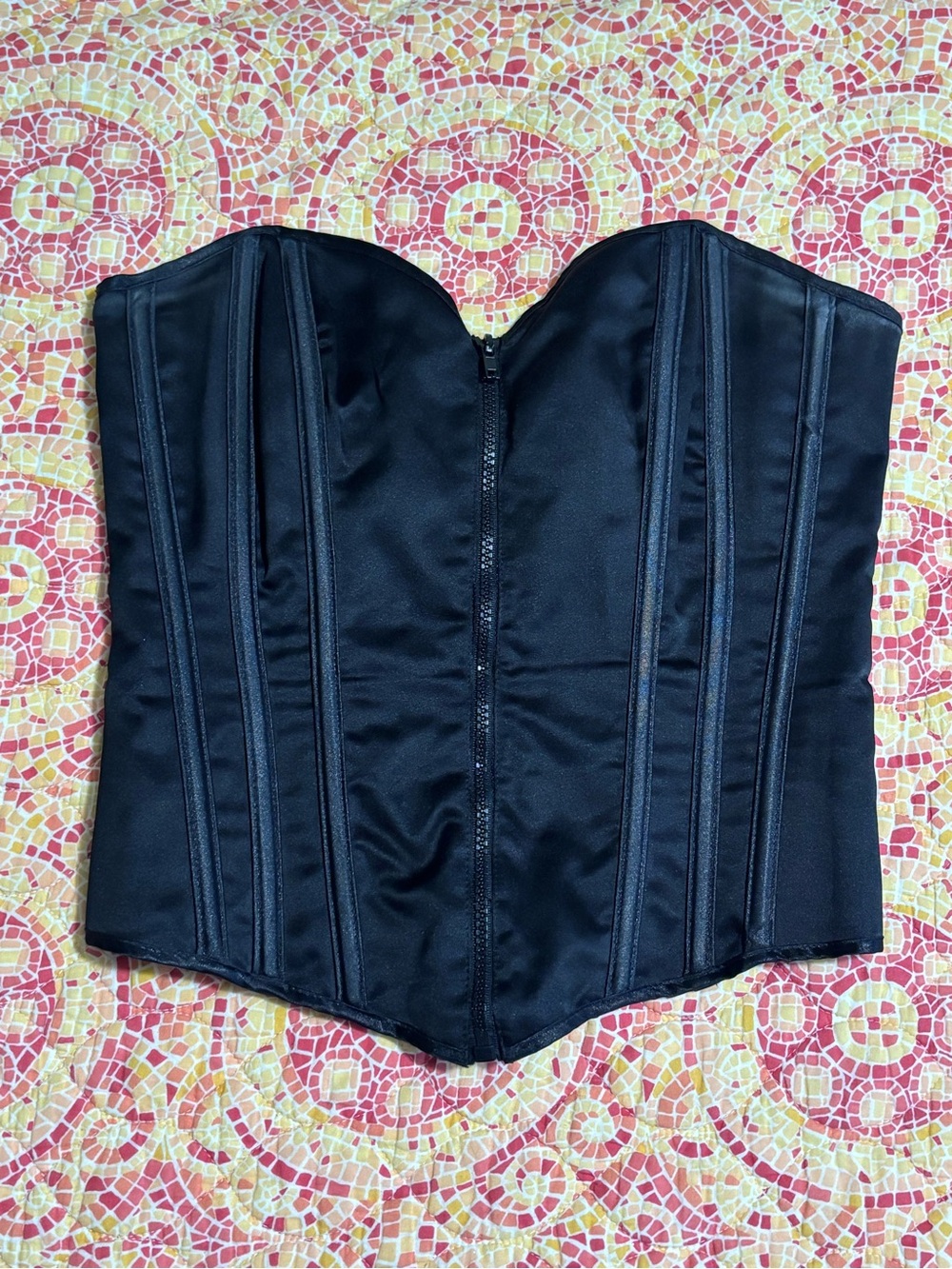 Shirley of Hollywood Black Satin Boned Corset Zip Front Lace Up Back Size 32